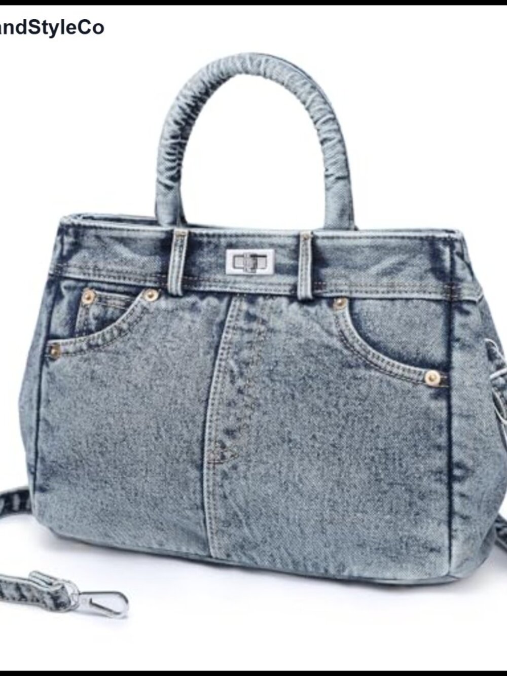 Denim Satchel Crossbody Purse with Adjustable Side Buckles and 7 Pockets